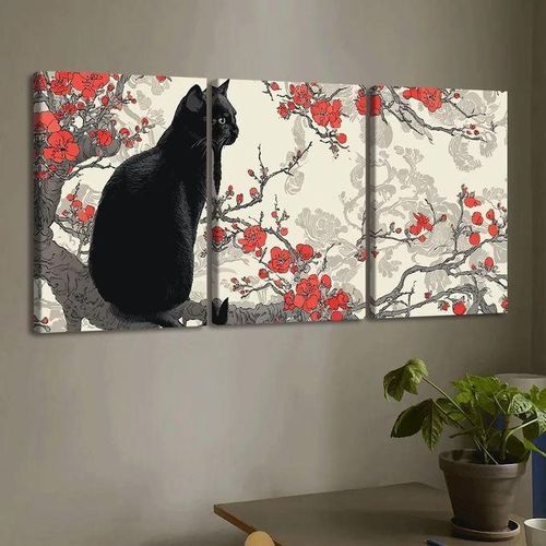 Set de 3 Tableaux Muraux – Chat Noir sur Branche Fleurie Rouge, Décoration Canvas Style Japonisant