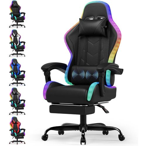 Devoko Chaise Gaming Ergonomique avec LED RGB Massage Lombaire Repose-Pieds Fauteuil Gamer avec Appui-tête réglable Dossier inclinable Hauteur Ajustable 180 kg Noir