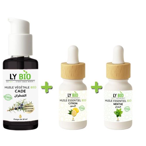 PACK HUILE CADE 50ML - POMPE + HUILE ESSENTIEL CITRON 10ML + HUILE ESSENTIEL MENTHE 10ML