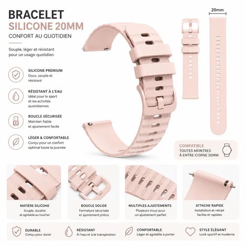 Bracelet Silicone Sport 20mm Universel pour Montre Connectée – Strap de Remplacement – Compatible Samsung Galaxy Watch Active 2 / Watch 3 / Huawei GT2 GT3 / Xiaomi Mibro / Amazfit / Garmin / - Rose