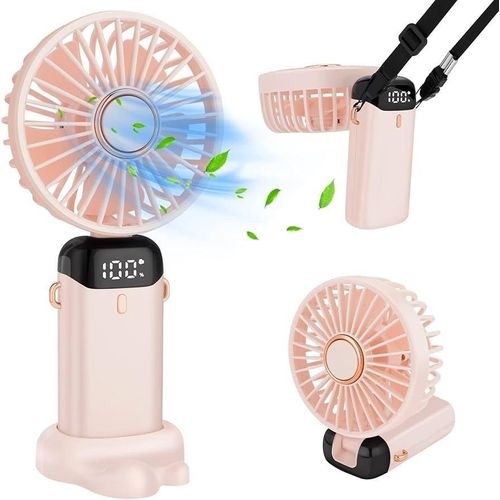 Mini ventilateur portable avec écran LED, rechargeable 3000 mAh, 5 vitesses USB pliable pour voyage -rose