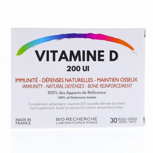 Vitamine D3 Naturelle, 200 UI, Complément Alimentaire Vegan pour Immunité, Os & Muscles Forts, 30 Gélules Végétales (Fabrique en France)