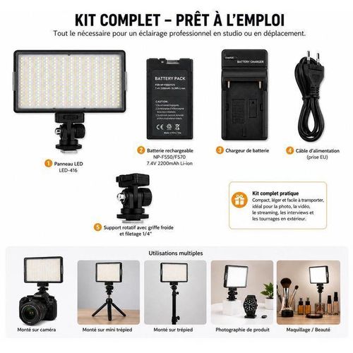 LED-416 Panneau LED Vidéo Professionnel 416 LEDs avec Température Réglable 3200K-5600K, Luminosité Dimmable, Batterie rechargeable NP-F550/F570 7.4V 2200mAh et Fixation