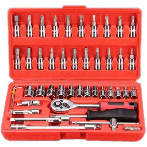 46 Pcs 1/4 Pouce Tournevis Drive Socket Bit Set Outil De Réparation De Voiture Avec Clé À Cliquet Réversible Spinner Poignée Et Kit De Barre D'extension-Étui De Rangement Chrome Vanadium Matériel Pour Automobile Vélo / Voiture