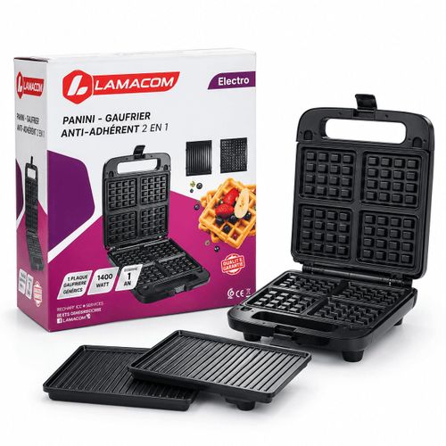 Panini-Gaufrier Électrique 2 en 1, Puissance 1400 W, Plaques Antiadhésives Interchangeables, Appareil à Gaufres et Grillades, Cuisson Rapide, Noir