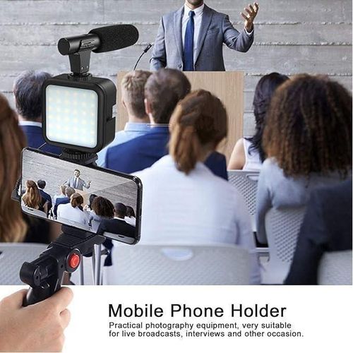 Support de téléphone pour vlogging, Kit avec microphone, LED et trépied pour enregistrement et live streaming