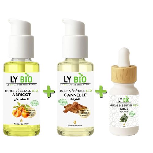 PACK HUILE ABRICOT 50ML - POMPE + HUILE CANNELLE 50ML - POMPE + HUILE ESSENTIEL SAUGE 10ML