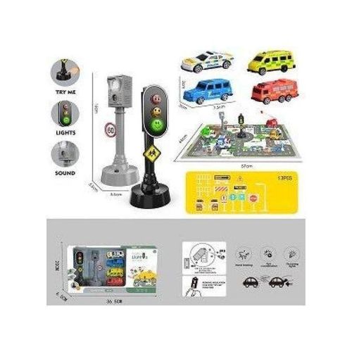 Ensemble de jeu de voiture de 7 cm avec feux de circulation radar et panneaux de signalisation aire de jeu 57 x 44 cm