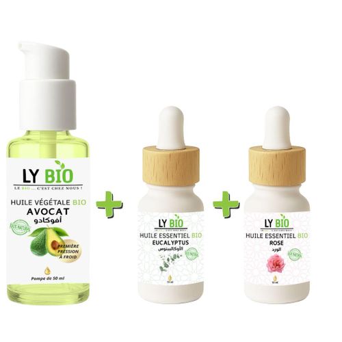 PACK HUILE AVOCAT 50ml - POMPE + HUILE ESSENTIEL EUCALYPTUS 10ML + HUILE ESSENTIEL ROSE 10ML