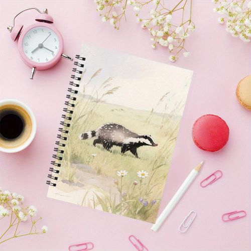 Carnet A5 Aquarelle Blaireau - Bloc-notes à 50 Pages Reliure Double Fil avec Design Blaireau dans la Prairie, Journal de Po