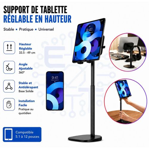 Support de Tablette Réglable en Hauteur – Support de Bureau Stable pour Tablettes 5.1 à 12 Pouces