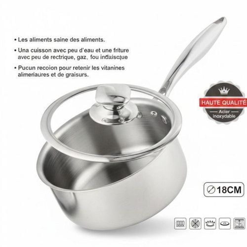 Casserole en Acier Inoxydable avec Couvercle – Ø 18 cm – Haute Qualité – Compatible Tous Feux