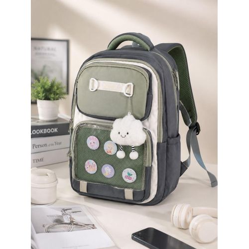 Sac à Dos Scolaire Grande Capacité – Cartable Ergonomique avec Bretelles Rembourrées, Multiples Compartiments et Porte-Badges – Gris & Vert