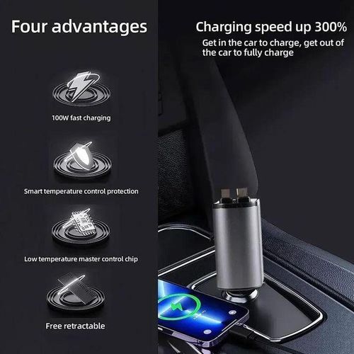 Chargeur de voiture rétractable 4 en 1, câble USB de type C pour iPhone, charge rapide, adaptateur allume-cigare Laguna, 120W