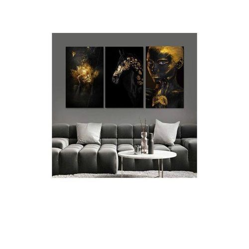 Tableau Triptyque 3 Pièces Noir et Or, Cheval et Portrait Féminin, Décoration Murale Élégante pour Salon