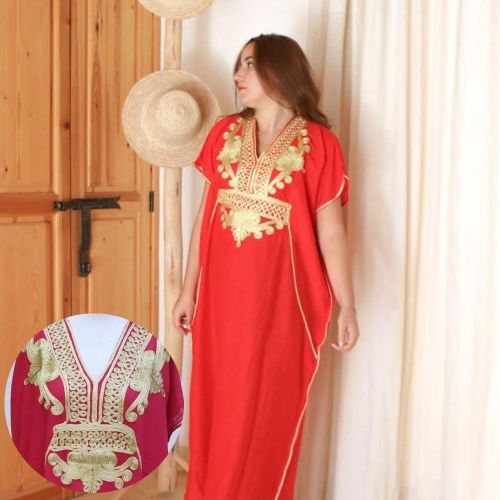 Gandoura Femme Traditionnelle Marocaine Chic Gandoura Rouge & Or