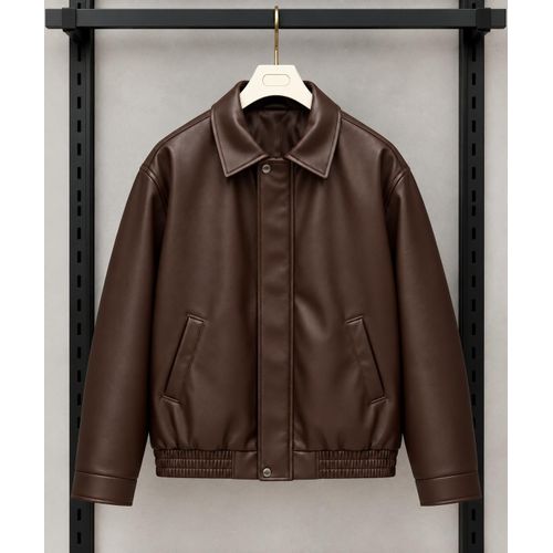 Veste Homme Bomber en Simili Cuir Marron – Blouson Tendance à Col Chemise