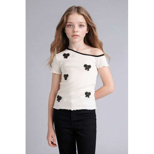 T-shirt côtelé imprimé nœud pour fille