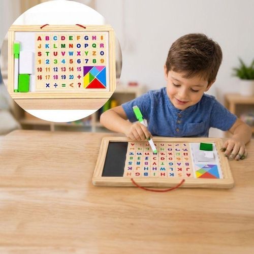 Tableau Éducatif Double Face en Bois Pour Enfants Outil D’Apprentissage Avec Lettres Chiffres Symboles Mathématiques Et Tangram Accessoires Effaçables Stylo Et Craies Idéal Pour Développement Intellectuel Et Éveil Scolaire