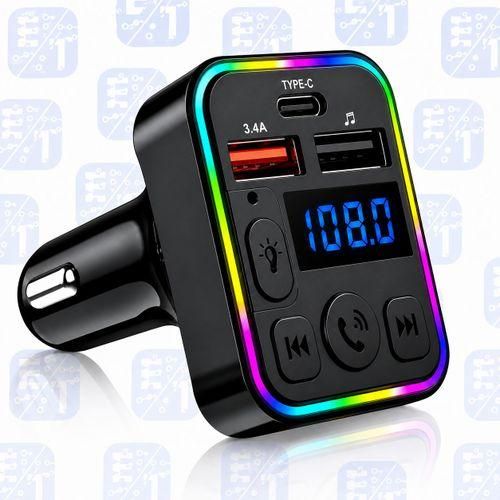 Transmetteur FM Bluetooth Voiture avec Chargeur Rapide USB & Type-C - Modulateur FM Lecteur MP3, Appels Mains-Libres et Éclairage LED RGB