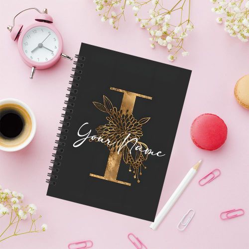 Carnet, A5, 13,97*21,08 cm, 50 Pages, Couverture avec une Grande Lettre "I" Dorée Décorée de Fleurs, Convient pour Carnets,