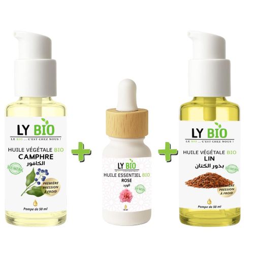 PACK HUILE CAMPHREE 50ML - POMPE + HUILE ESSENTIEL ROSE 10ML + HUILE LIN 50ML - POMPE