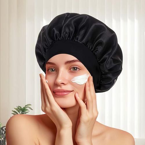 Bonnet de Nuit en Satin Ultra-Doux Bonnet de Sommeil Réglable pour Cheveux Bouclés, Lisses ou Crépus – Confort Noir