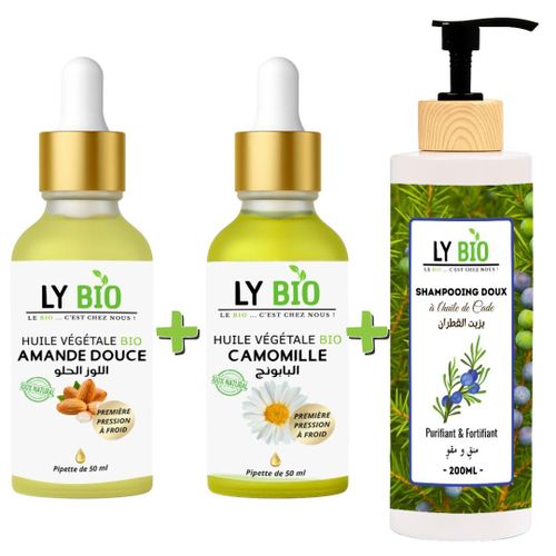 PACK HUILE AMANDE DOUCE 50ML - PIPETTE + HUILE CAMOMILLE 50ML - PIPETTE + SHAMPOOING A L'HUILE DE CADE 200ML