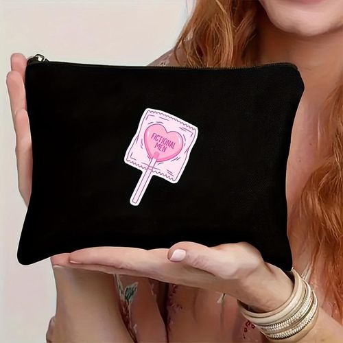 Grand étui à crayons en toile – Trousse de rangement noir avec design d’autocollant cœur rose pour fournitures de bureau, papeterie et organisateur de notes