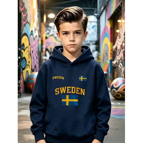 Sweat à capuche automne/hiver pour garçons avec imprimé lettre SWEDEN unique, pour enfants d'âge moyen et plus âgés, pull décontracté de sport pour l'automne/hiver, sports décontractés, course cool en plein air, polyvalent pour les sorties quotidienne