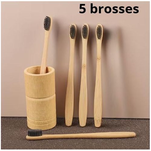5 brosses à dents en bambou avec poils de charbon et tête petite, poils doux
