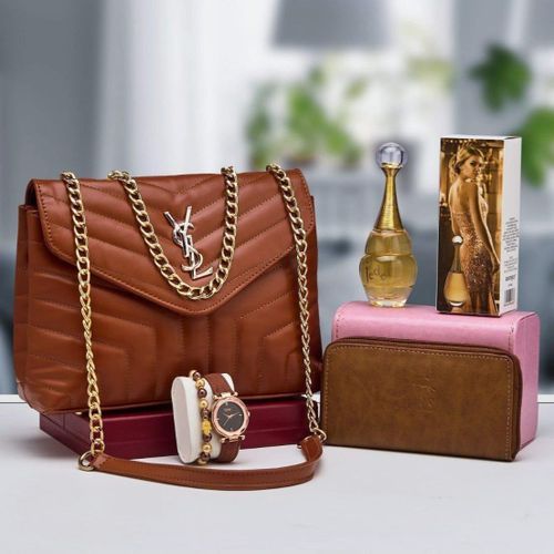 Coffret cadeau femme élégant – Sac matelassé, parfum & accessoires assortis - marron