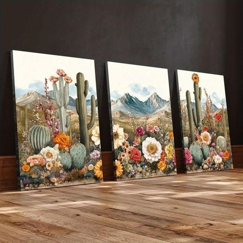 Tableau mural lot de 3 – paysage désert avec cactus et fleurs colorées, style aquarelle – décoration salon chambre