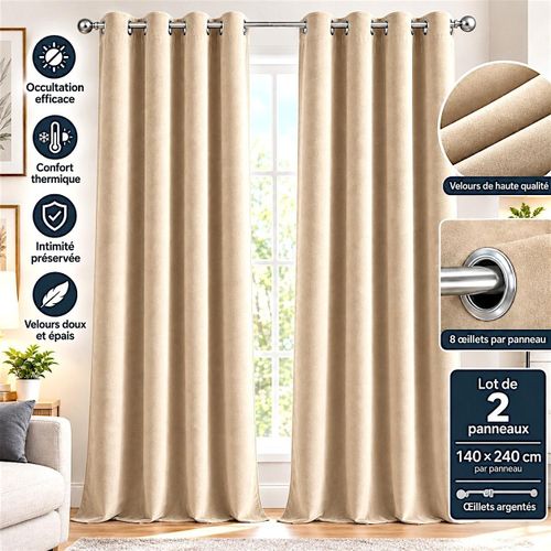 Rideaux Occultants en Velours Beige à Œillets – Lot de 2 Panneaux 140×240 cm par Panneau – Salon et Chambre