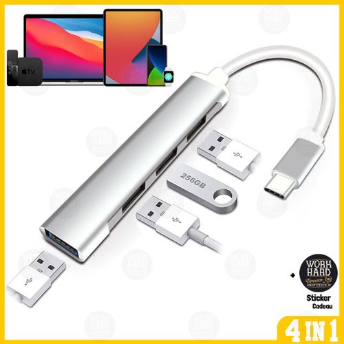 Câble adaptateur Type C USB-C à 4 Port USB 3.0,pour Macbook Pro, iMac, PC portable, accessoires+Stiker cadeau