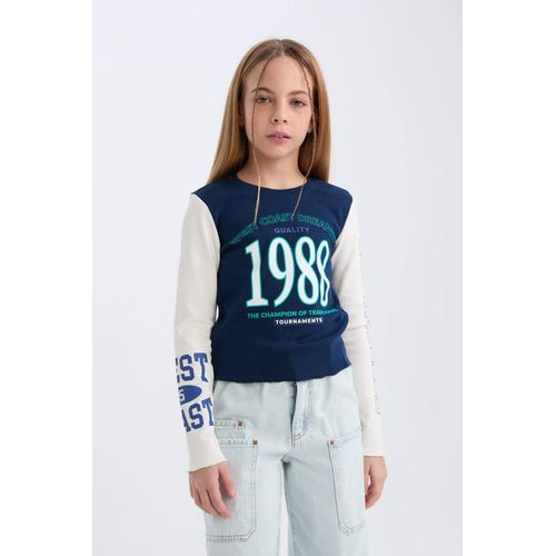 T-shirt Crop imprimé en côtelé à col rond et à manches longues pour fille