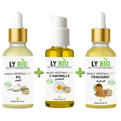 PACK HUILE AIL 50ML - PIPETTE + HUILE CAMOMILLE 50ML - POMPE + HUILE FENUGREC 50ML - PIPETTE