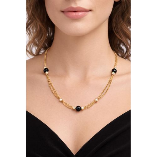 Collier Femme Double Chaîne Plaqué Or avec Perles Noires Élégant Chic-longueur 55cm