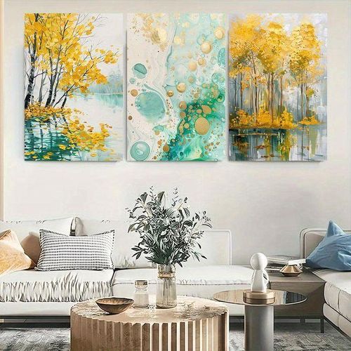 Tableau Trio de Toiles Arbres Dorés et Abstrait Turquoise, Décoration Murale en 3 Pièces