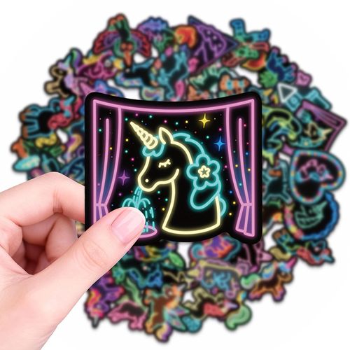56 Stickers Neon Licorne Animal Doodle - Amovibles, avec des Motifs Uniques - Idéal pour Ordinateurs Portables, Téléphones, Guitares, Bouteilles d'Eau, Voitures, Tablettes, Bagages