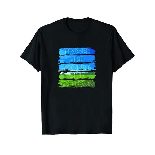 T-shirt épais pour homme en coton 180 g/m - T-shirt graphique de voyage prérétréci avec motif carte du monde en bleu, vert - T-shirt d'aventure toutes saisons pour la randonnée, le mont Everest, les voyages d'affaires - Reg