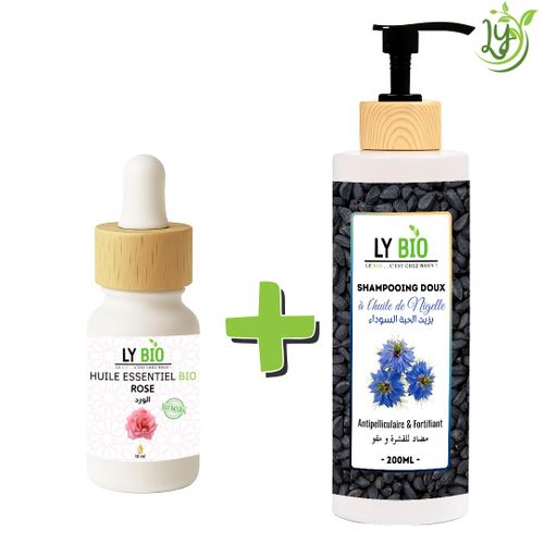PACK HUILE ESSENTIEL ROSE 10ML + SHAMPOOING A L'HUILE DE NIGELLE 200ML - ANTIPELLICULAIRE & FORTIFIANT