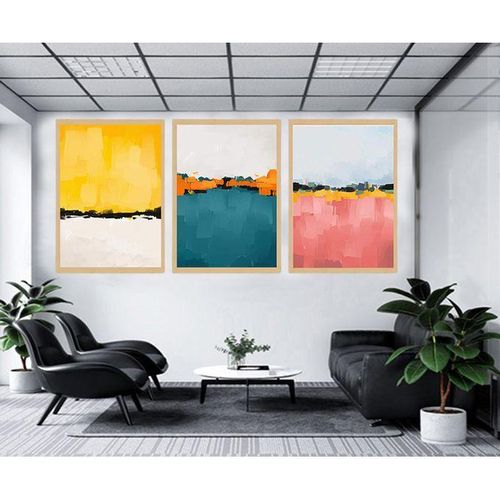 Tableau abstrait moderne - Set de 3 pièces aux tons jaune, bleu canard et rose pour décoration murale du salon