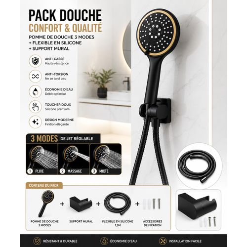 Pomme de douche avec flexible et support réglable 360° pour salle de bain pommeau de douche pour salle de bain