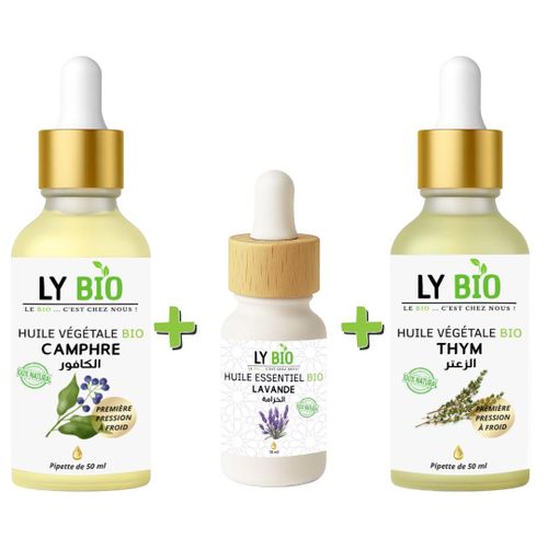 PACK HUILE CAMPHREE 50ML - PIPETTE + HUILE ESSENTIEL LAVANDE 10ML + HUILE THYM 50ML - PIPETTE