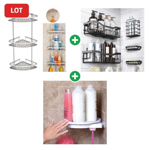 Pack Coin Étagères INOX Salle De Bain + Etagere Rangement Salle de Bain + Étagère pivotante d'angle
