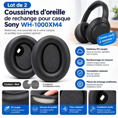 Lot de 2 Coussinets d’Oreille de Rechange pour WH-1000XM4 – PU Souple & Mousse Épaisse – Noir