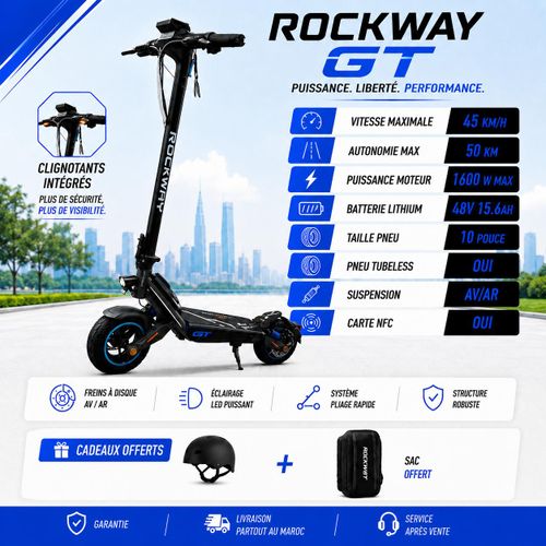 Trottinette Électrique GT 1600W – 45 km/h, Batterie 48V 15.6Ah, Autonomie Jusqu’à 50 km, Pneus Tubeless 10