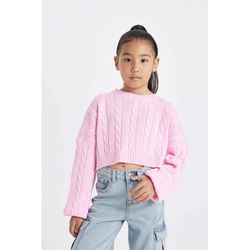 Pull court rose à col rond, tressé en acrylique pour Fille