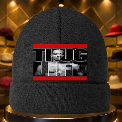 Bonnet Unisexe Thug Life - Logo et Lettrage Style Tatouage, Chaud pour l'Hiver, Style Hip-Hop, Accessoire Streetwear Urbain (Sans Bord, Lavable à la Main) - Crâne Cool pour la Saison Froide